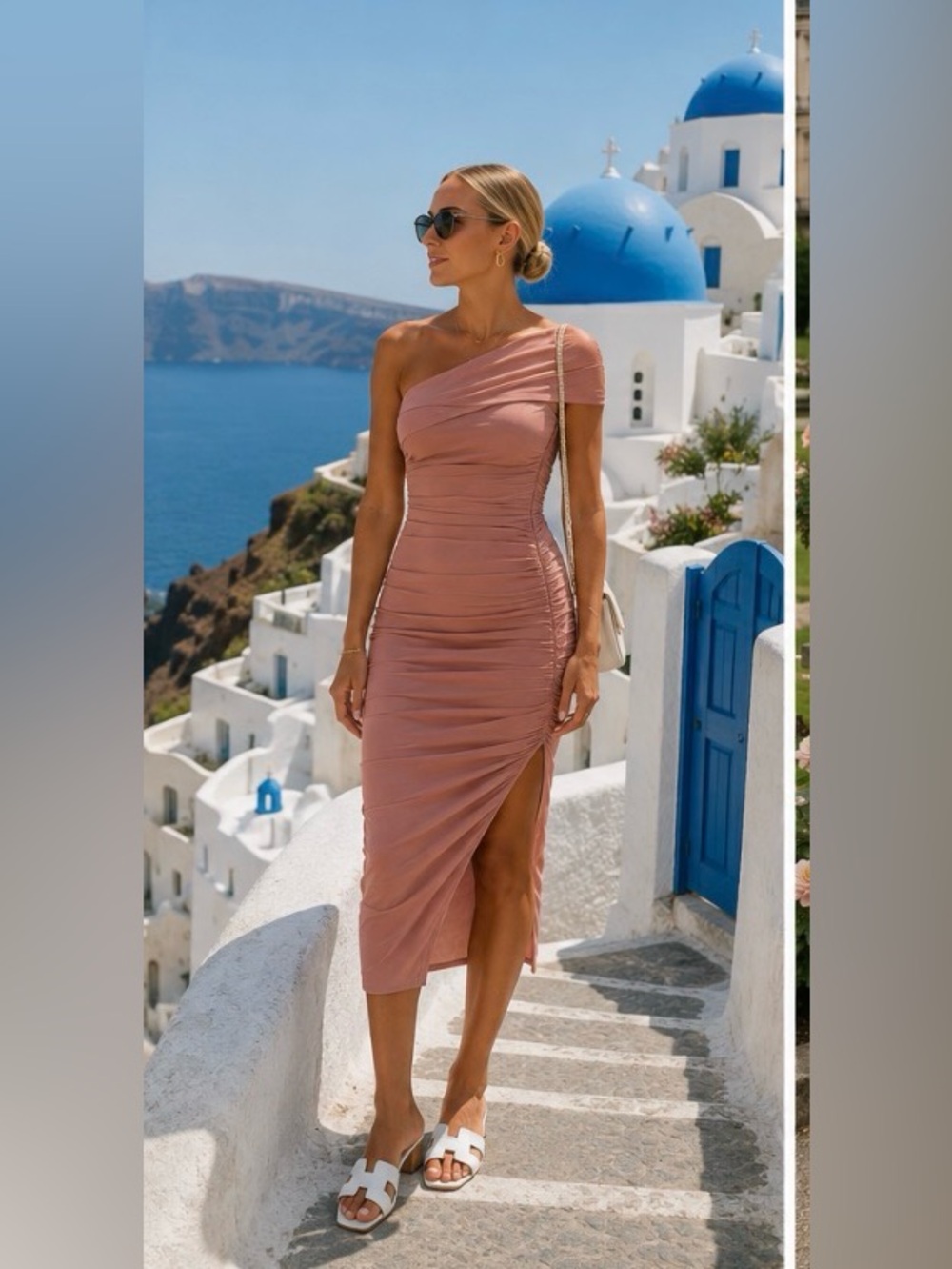 Elliatt One-Shoulder Ruched Midi Dress in Dusty Rose